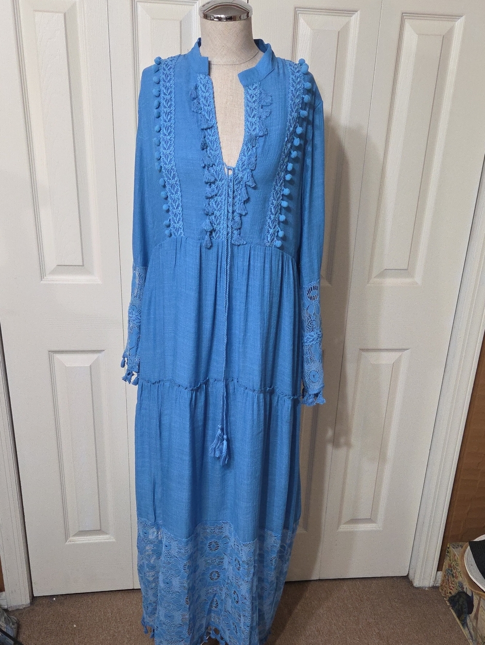 Source Unknown Sky Blue Boho Tassel Maxi Dress